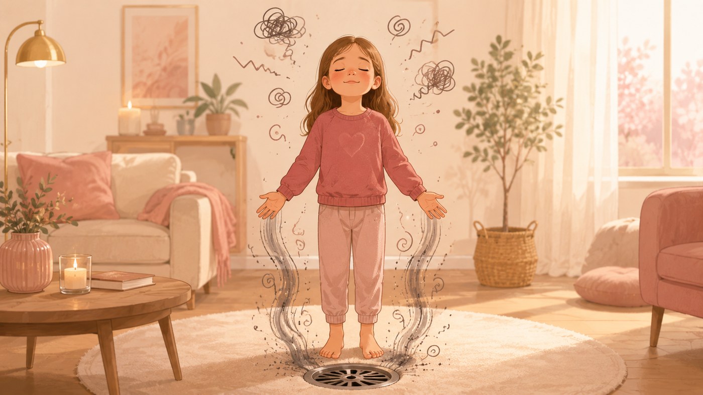Illustratie: kind staat rustig en gegrond in de huiskamer, de spanning stroomt weg naar de grond