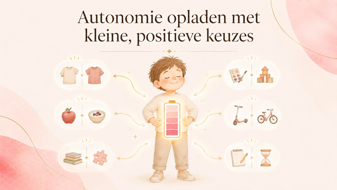 Illustratie: autonomie opladen met kleine, positieve keuzes. Een kind met een volle batterij en allerlei keuzes eromheen