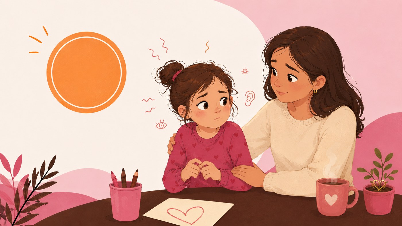Illustratie van het stoplicht op oranje: moeder zit rustig naast haar gespannen kind aan tafel