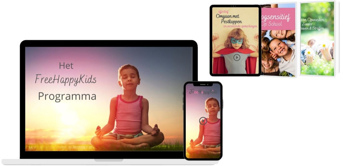 Het FreeHappyKids Programma op laptop, tablet en telefoon, met de drie bonussen