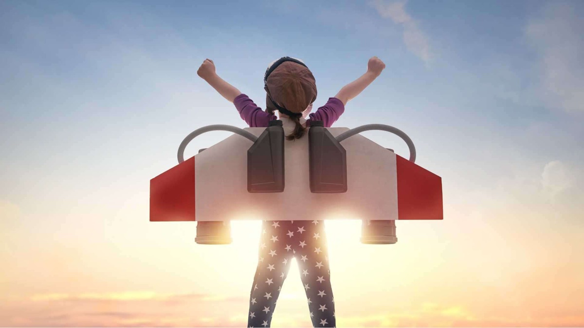 Strong-willed hoogsensitief kind op avontuur met een jetpack, klaar om op te stijgen