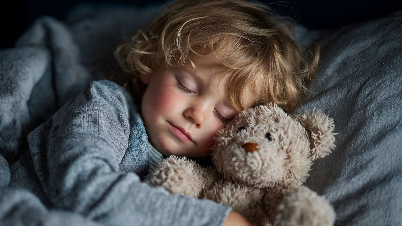 Jongen met blonde krullen slaapt vredig en tevreden, met zijn knuffelbeer tegen zich aan