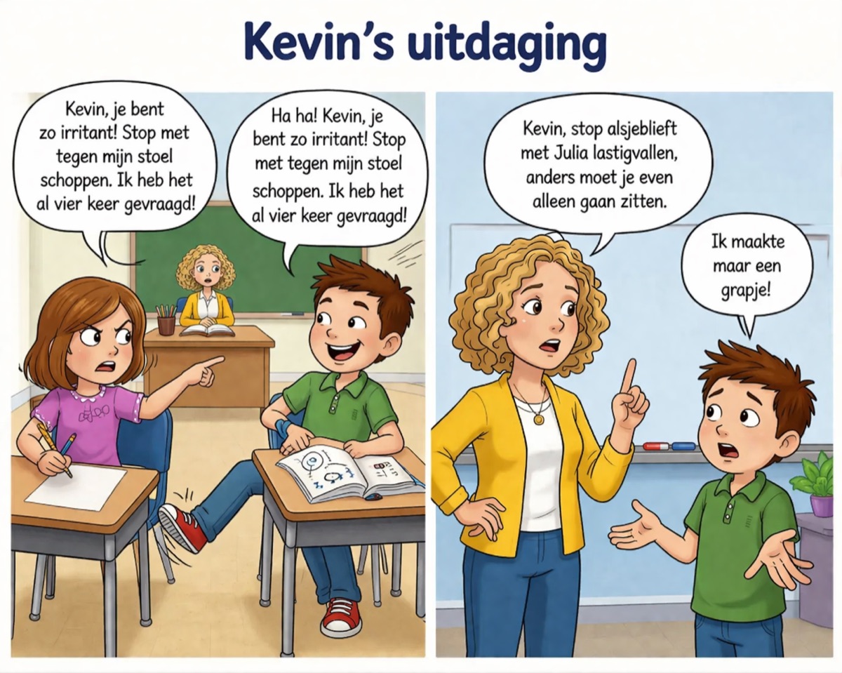 Cartoon van Kevins uitdaging: hij blijft tegen de stoel schoppen en merkt de irritatie-signalen van zijn klasgenootje niet op