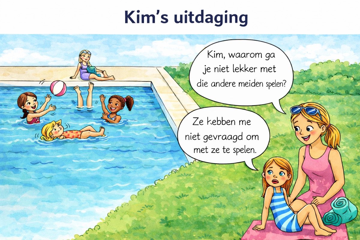 Cartoon van Kims uitdaging: bij het zwembad durft ze niet mee te spelen omdat de andere meiden haar niet gevraagd hebben