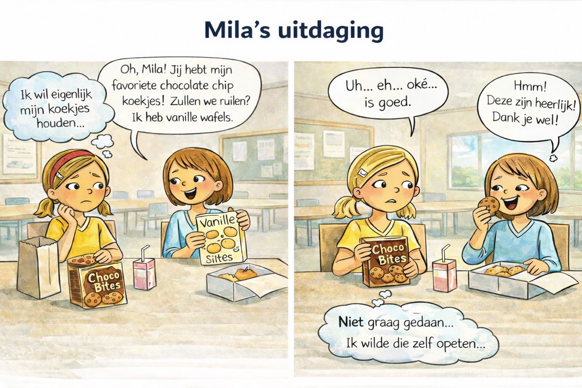 Cartoon van Mila's uitdaging: ze ruilt haar koekjes terwijl ze dat eigenlijk niet wil en komt niet voor zichzelf op