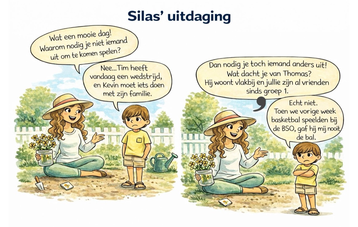 Cartoon van Silas' uitdaging: hij wil Thomas niet uitnodigen omdat die hem vorige week de bal nooit gaf, loslaten is lastig
