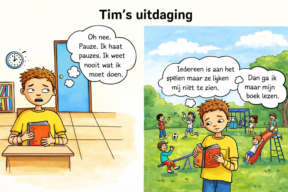Cartoon van Tims uitdaging: in de pauze weet Tim niet wat hij moet doen en gaat alleen zijn boek lezen op het schoolplein